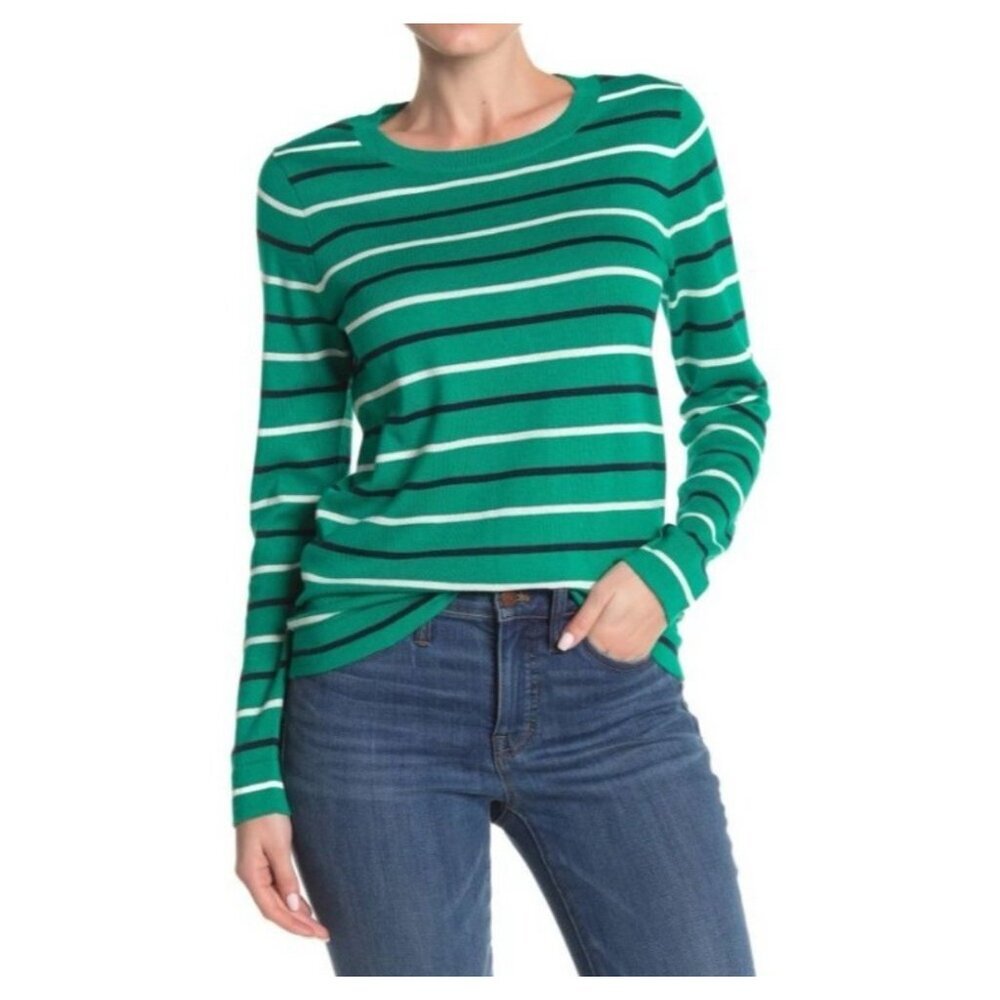 J. Crew Factory Green Striped Crewneck Sweater